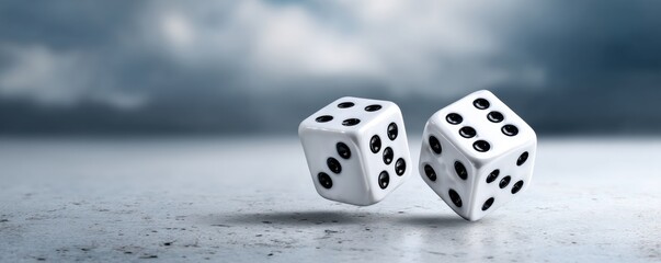 Two white dice showcase their spots as they tumble across a blurred, atmospheric background, embodying the thrill and unpredictability of chance and gaming adventures.