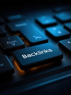 A close-up image of a keyboard highlighting the "Backlinks" key, emphasizing the importance of backlinks in SEO and digital marketing strategies for enhancing website visibility and traffic.