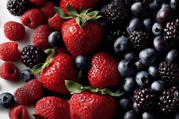 Fototapeta premium A vibrant assortment of fresh mixed berries, including strawberries, raspberries, blueberries and blackberries, creating a colorful and nutritious display.