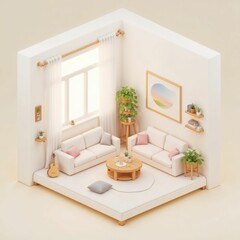 Isometric Scandinavian living room with floating shelves, indoor plants, and soft pastel tones