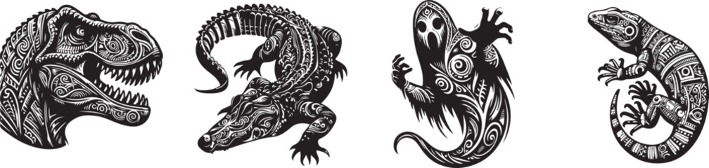 A powerful black and white tribal dragon skull design, symbolizing ancient Asian mythology and animalistic fantasy art