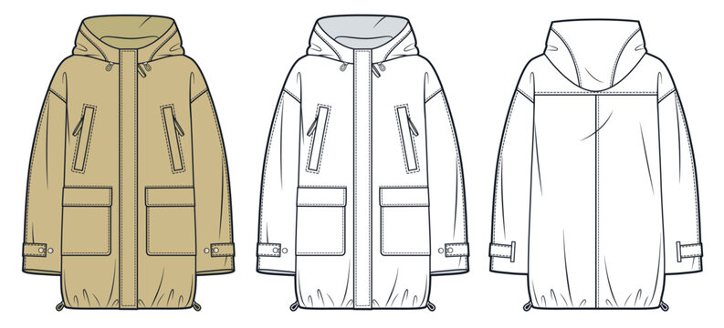 Parka Jacket technical fashion illustration. Raincoat fashion flat technical drawing template, pockets, hood, drawstring, oversize, front, back view, white, camel brown, women, men, unisex CAD mockup.