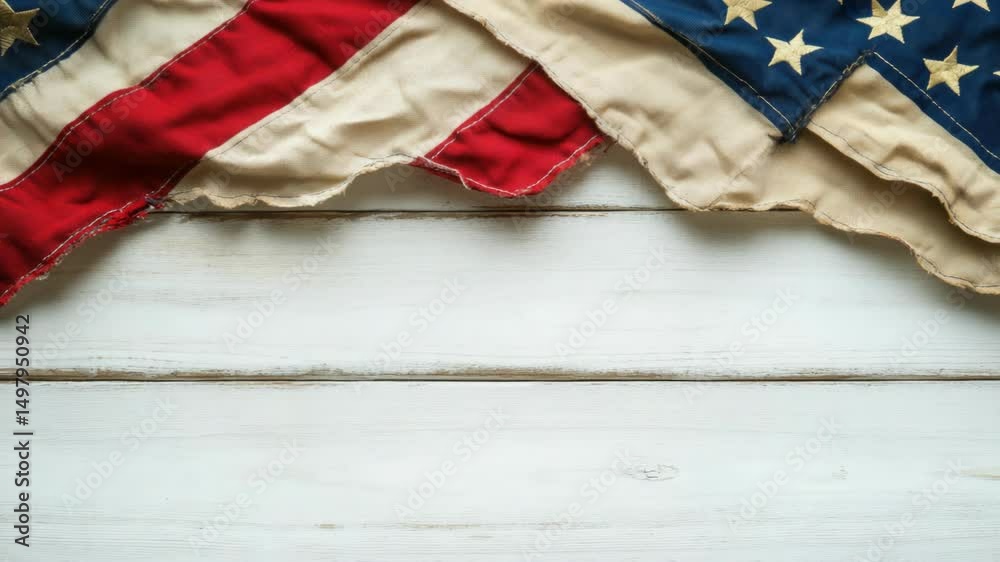 Poster an american flag displayed on a white wooden table with a simple and bold design