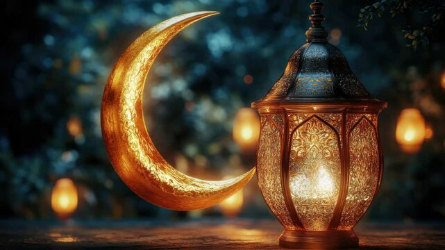 A lantern with a crescent moon pendant, ideal for decorative or celebratory uses