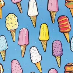 A pattern shows ice cream cones on a bright blue background