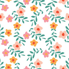 Cute floral pattern. Seamless vector pattern. Elegant template for fashion prints. Small pink and blue flowers for folk print. White background. Stock vector