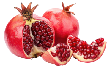 A close up shot of pomegranates with one cut open showing the seeds on a black background studio shot