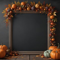 Rustic chalkboard frame overflowing with various sized pumpkins, fall leaves ,  autumn decor,  decor