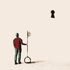 Person Holding a Giant Key Facing a High Lock – Symbolic Illustration of Challenge and Possibility
