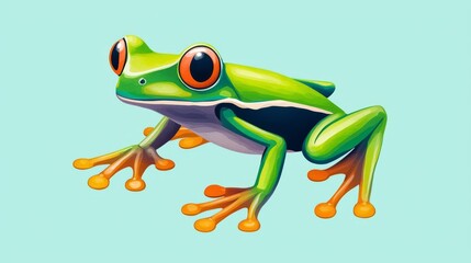 Obraz premium Colorful frog with vibrant green skin and bright orange feet, sitting gracefully on a light blue background.