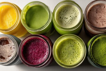 Variety of vibrant smoothies and healthy beverages in glass jars displayed in rows, perfect for a nutritious start to the day with natural ingredients and colors.