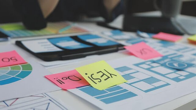 UX/UI designer working on wireframes for a website and mobile app prototype, surrounded by sketches of user-flow and design tools, in concept of website and mobile application design concept.