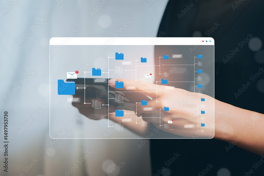 Poster digital interface with folder icons and email notifications on a smartphone in modern workspace sett