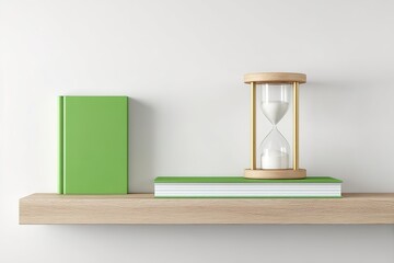 Green books and an hourglass on a wooden shelf create a minimalist and calm atmosphere in a modern room