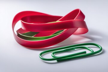 Naklejka premium Colorful rubber bands and paper clip arranged on a clean surface inspiring creativity and organization in office supplies