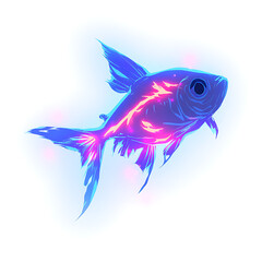 Neon fish swims in a vibrant display of color and light, a striking image against a clean white background.