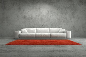 Modern living room interior featuring a white sofa and vibrant red rug on a textured concrete floor