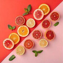 Obraz premium Citrus Symphony: A vibrant collection of citrus fruit, sliced to reveal their juicy interiors, arranged in a colorful display against a vivid backdrop. Embodying freshness and zest.