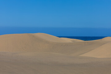 Desert landscape and sand dunes in Maspalomas. View of dunes and sea. Gran Canaria Island Spain