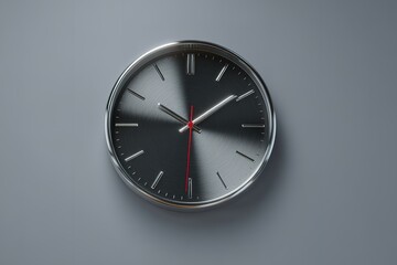 Contemporary wall clock showing precise time with silver and red accents against a minimalist background