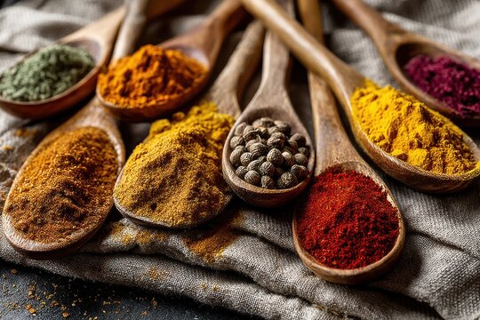 A colorful assortment of various spices displayed in wooden spoons on a linen cloth, perfect for culinary creations and spice enthusiasts, full of aroma.