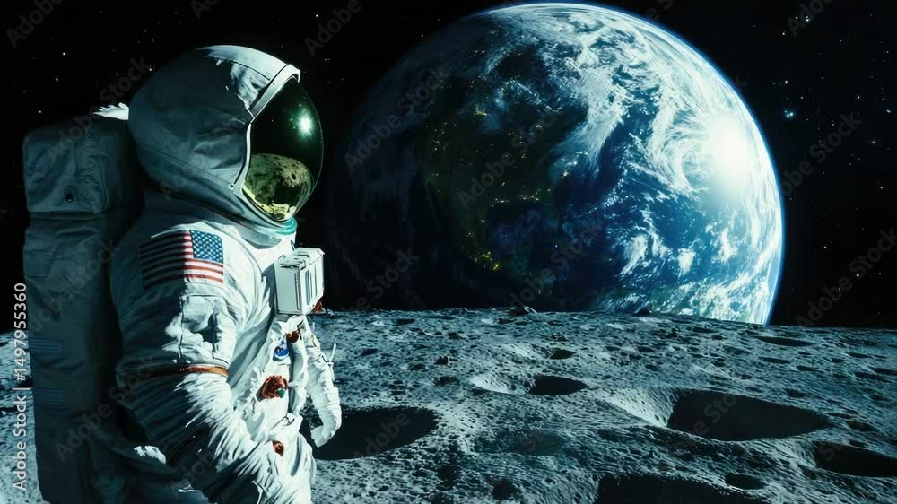 Poster Astronaut standing on the surface of the moon with the Earth visible in the background