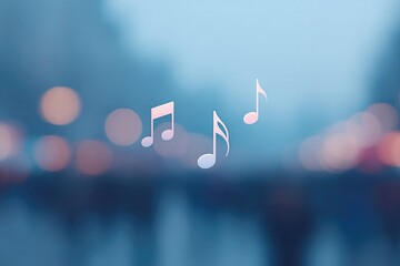 musical notes and symbols float in focus against softened blurred background of people creating serene and contemplative