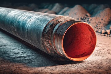 Close-up view of a large metal pipe with rusty exterior and red interior, showing detailed texture and thread pattern, set against a rough, dusty backdrop.