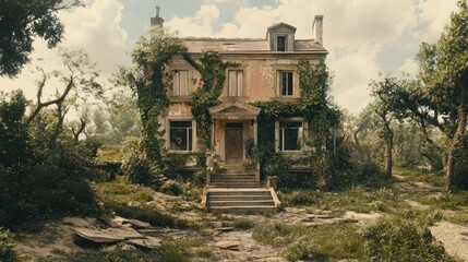 Obraz premium Abandoned house overgrown with vines, sunlit, tranquil