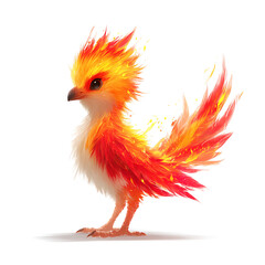 Fototapeta premium Fiery Phoenix Chick: A vibrant bird with feathers of orange and red stands on a white background.