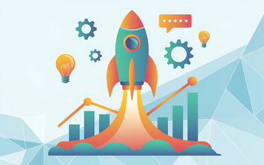 Creative startup concept illustration with rocket launch, graphs, and idea icons, vibrant color palette, flat vector style, no humans