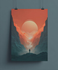 Majestic sunset over canyon with solitary figure contemplating nature's beauty