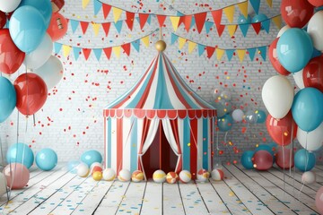 A vibrant circus tent is surrounded by colorful balloons and confetti