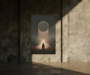Symbol of tranquility in a minimalist space with a figure gazing at a surreal landscape illuminated by a glowing orb
