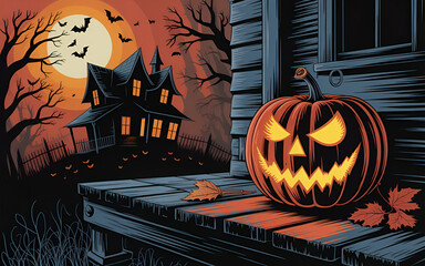 Spooky Halloween background with pumpkins, bats, full moon, haunted house silhouette, dark orange and black theme, no characters