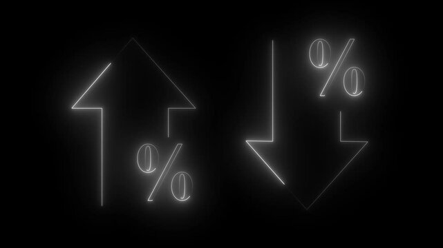 glowing neon Cost and quality control concept. Percentage icon of quality Successful  Percentage icon of quality with up arrow and cost with down arrow on the black background.