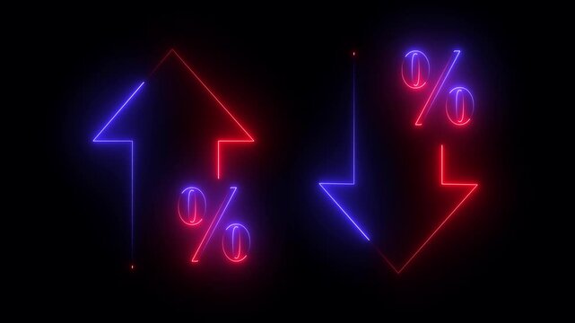 glowing neon Cost and quality control concept. Percentage icon of quality Successful  Percentage icon of quality with up arrow and cost with down arrow on the black background.