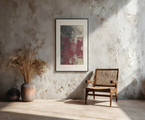 Elegant art piece enhances minimalistic interior design with natural light in a cozy, modern living space