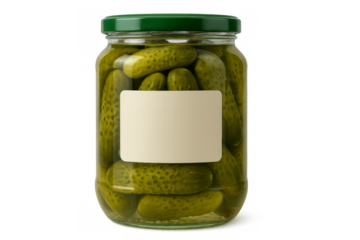 Glass jar filled with pickles and a blank label on transparent background
