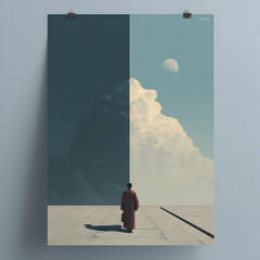 Journey of self-discovery through contrasting skies and reflective solitude in a surreal landscape