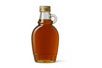 Glass bottle of maple syrup on transparent background