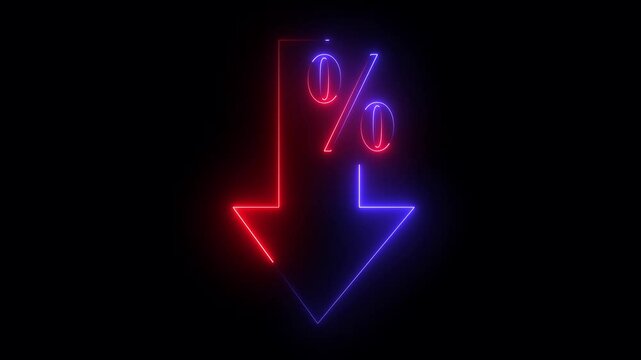 glowing neon Cost and quality control concept. Percentage icon of quality Successful  Percentage icon of quality with up arrow and cost with down arrow on the black background.