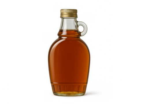 Glass bottle of maple syrup on transparent background