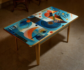 Colorful geometric table decorates a modern interior space with vibrant shapes and patterns