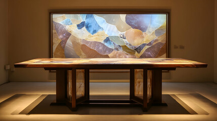 Elegant table with intricate design situated in a contemporary art gallery featuring a backlit abstract panel