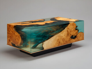 Innovation in design combines natural wood and blue resin in a stunning coffee table showcasing contemporary craftsmanship in interior decor