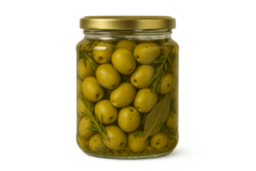 Glass jar filled with green olives and aromatic herbs on transparent background