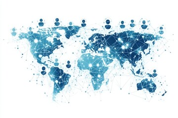 Obraz premium Abstract illustration of a digital world map with human icons and connections, in blue tones on a white background, concept of global communication