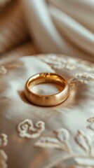 Gold wedding ring on satin, elegant backdrop