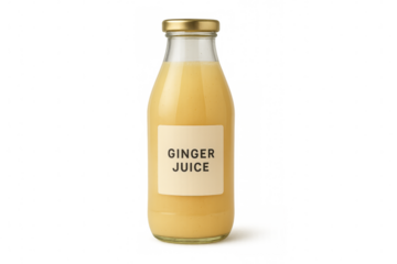 Glass bottle of fresh ginger juice on transparent background